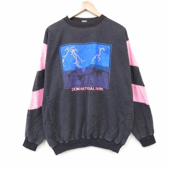 古着　90s スウェット　太アーム　ボックスシルエット　両面プリント. 古着通販 XL☆古着 長袖 スウェット メンズ 90年代 90s ZION サンダー