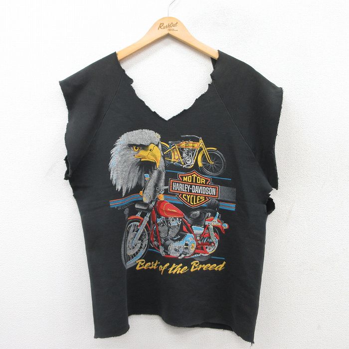 【50%OFF】L★古着 ハーレーダビッドソン Harley Davidson ノースリーブ スウェット メンズ 80年代 80s バイク 鳥 ラグラン Vネック 黒 ブラック 【spe】 25apr09 中古 スエット トレーナー トップス
