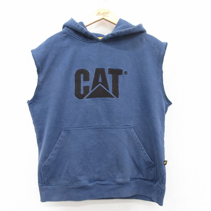 【50%OFF】L★古着 ノースリーブ スウェット メンズ CAT 紺 ネイビー 25apr09 中古 スエット トレーナー トップス