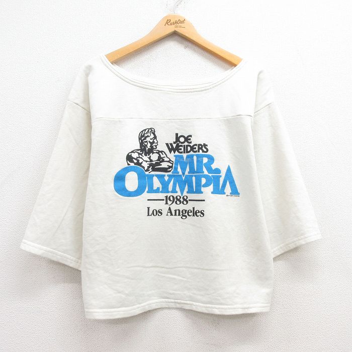 【50%OFF】M★古着 7分袖 スウェット メンズ 80年代 80s MR.OLYMPIA クルーネック USA製 白系 ホワイト 25apr30 中古 スエット トレーナー トップス
