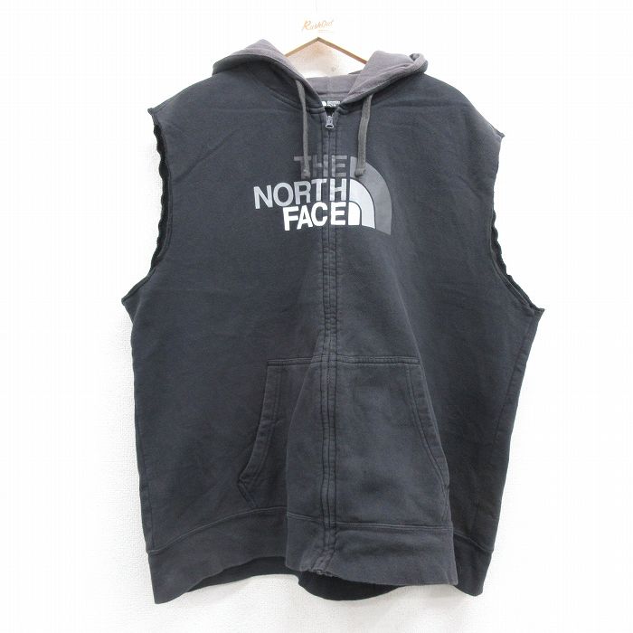 【20%OFF】XL★古着 ノースフェイス THE NORTH FACE ノースリーブ フルジップ スウェット パーカー メンズ ビッグロゴ 大きいサイズ 黒 ブラック 25apr30 中古 スエット トレーナー トップス