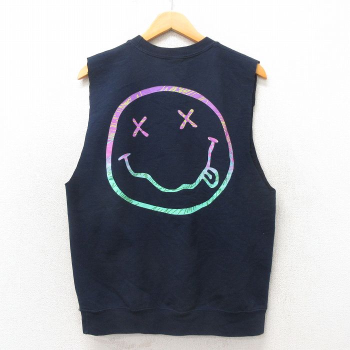 M★古着 ノースリーブ ロック バンド スウェット メンズ ニルバーナ ニルヴァーナ クルーネック 紺 ネイビー 25may24 中古 スエット トレーナー トップス