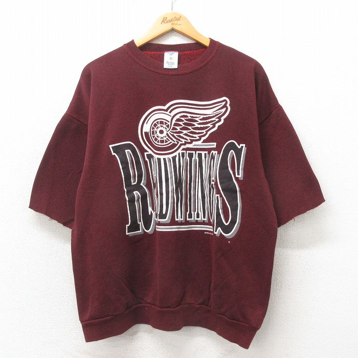 【50%OFF】XL★古着 ARTEX 半袖 スウェット メンズ 90年代 90s NHL デトロイトレッドウィングス クルーネック USA製 エンジ アイスホッケー 25may24 中古 スエット トレーナー トップス
