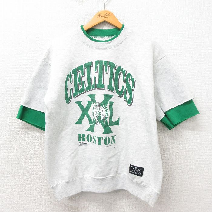 L★古着 半袖 スウェット メンズ 90年代 90s NBA ボストンセルティックス 大きいサイズ グレー 霜降り バスケットボール 25may24 中古 スエット トレーナー トップス