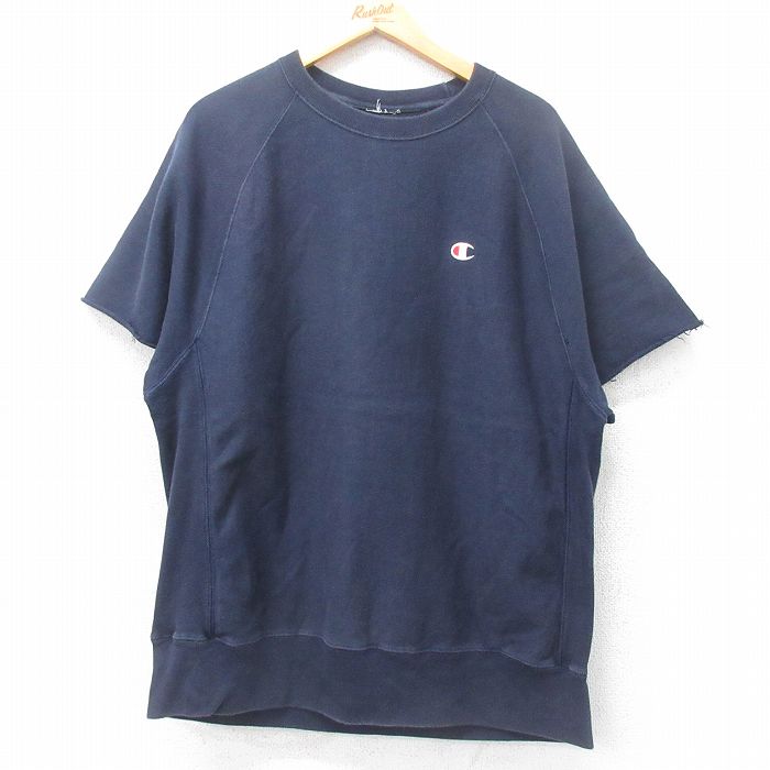 XL★古着 半袖 チャンピオン champion リバースウィーブ メンズ ワンポイントロゴ ラグラン クルーネック 紺 ネイビー 25jul04 中古 スエット トレーナー トップス