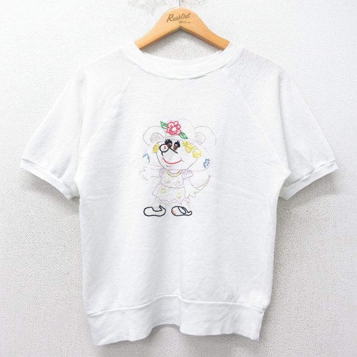 S★古着 半袖 スウェット メンズ 80年代 80s ネズミ 刺繍 ラグラン クルーネック USA製 白 ホワイト 【spe】 25jul04 中古 スエット トレーナー トップス