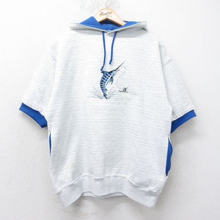 【50%OFF】L★古着 半袖 スウェット パーカー メンズ 90年代 90s カジキ 刺繍 USA製 薄グレー 霜降り他 ボーダー 25jul04 中古 スエット トレーナー トップス