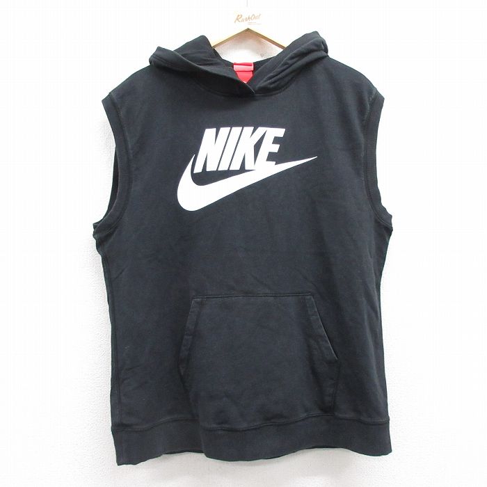 L★古着 ナイキ NIKE ノースリーブ スウェット パーカー メンズ ビッグロゴ コットン 黒 ブラック 25jul04 中古 スエット トレーナー トップス