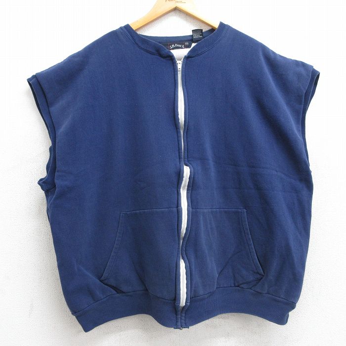 XL★古着 ノースリーブ フルジップ スウェット メンズ 80年代 80s 無地 大きいサイズ 紺 ネイビー 内側サーマル 25aug13 中古 スエット トレーナー トップス