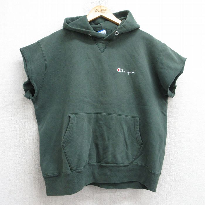 XL★古着 チャンピオン champion 半袖 スウェット パーカー メンズ 90年代 90s ワンポイントロゴ USA製 緑 グリーン 【spe】 25aug13 中古 スエット トレーナー トップス