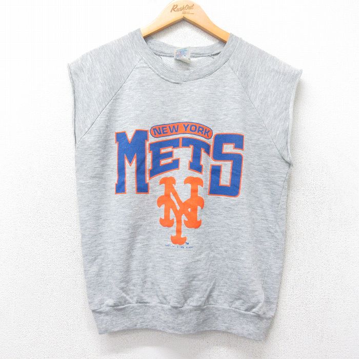 【20%OFF】M★古着 ノースリーブ スウェット メンズ 80年代 80s MLB ニューヨークメッツ クルーネック USA製 グレー 霜降り メジャーリーグ ベースボール 野球 【spe】 25sep30 中古 スエット トレーナー トップス