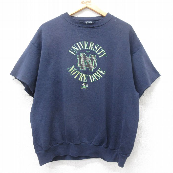 L★古着 半袖 スウェット メンズ 90年代 90s ノートルダム 刺繍 クルーネック 紺 ネイビー 25sep30 中古 スエット トレーナー トップス
