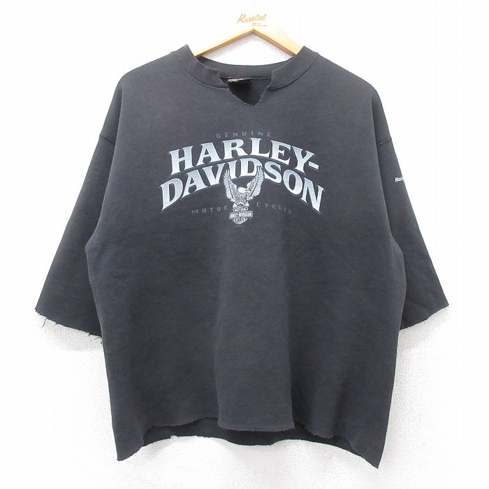 L★古着 ハーレーダビッドソン Harley Davidson 半袖 スウェット メンズ 00年代 00s ビッグロゴ クルーネック 黒 ブラック 【spe】 25sep30 中古 スエット トレーナー トップス