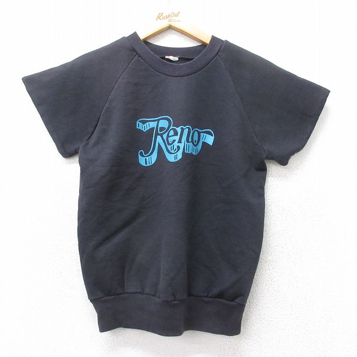 XS★古着 半袖 スウェット メンズ 80年代 80s Reno ラグラン クルーネック 黒 ブラック 25sep30 中古 スエット トレーナー トップス