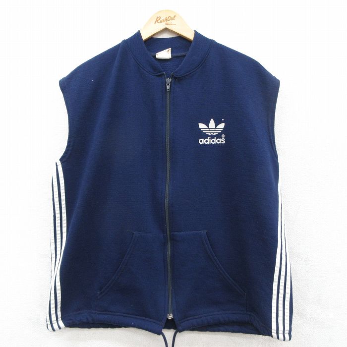 L★古着 アディダス adidas ノースリーブ フルジップ スウェット メンズ 80年代 80s ワンポイントロゴ リーフ トレフォイル USA製 濃紺 3本ライン【spe】26feb03