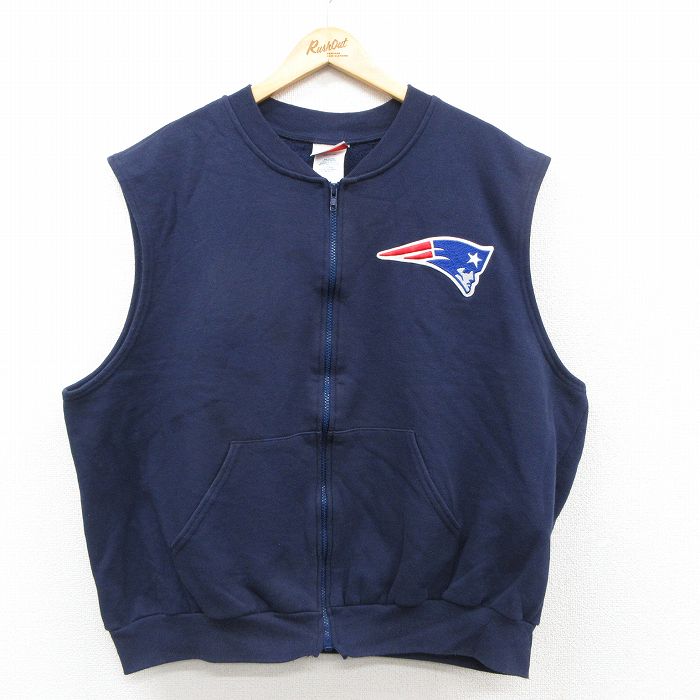 XL★古着 マジェスティック ノースリーブ フルジップ スウェット メンズ 90年代 90s NFL ニューイングランドペイトリオッツ 大きいサイズ USA製 紺 アメフト スーパーボウル26feb03