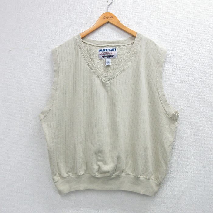XL★古着 チャンピオン champion ノースリーブ スウェット メンズ 00年代 00s 無地 大きいサイズ Vネック ベージュ系 ストライプ 26feb06