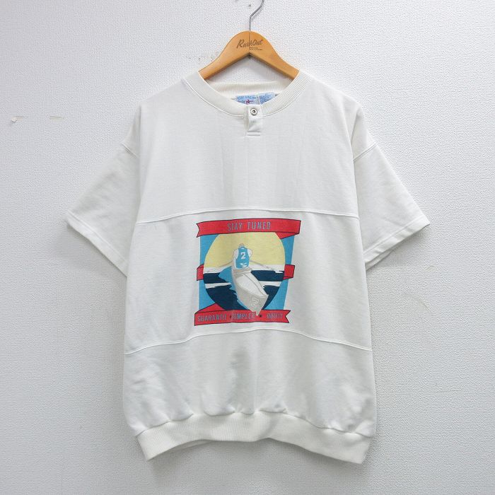 XL★古着 半袖 スウェット メンズ 00年代 00s ボート 大きいサイズ ヘンリーネック 白 26feb06