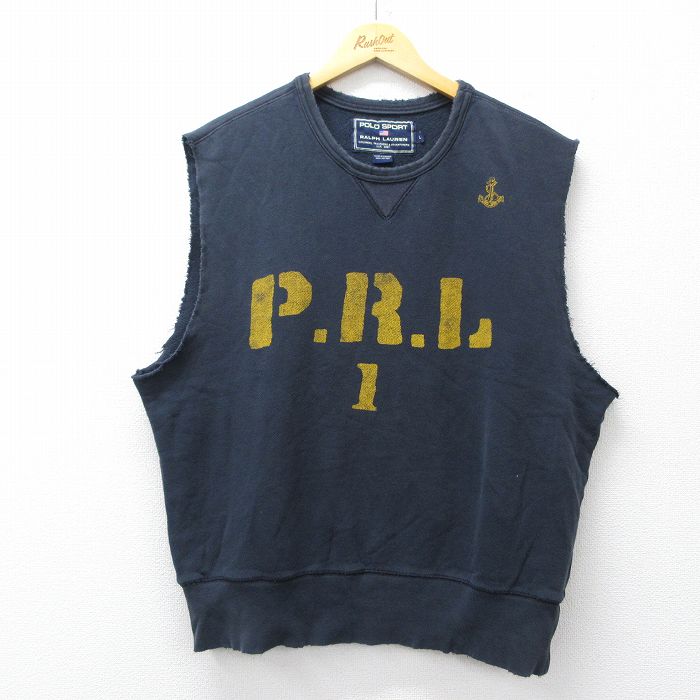 XL★古着 ラルフローレン ポロスポーツ ノースリーブ ブランド スウェット メンズ ビッグロゴ コットン クルーネック 紺【spe】 26feb07