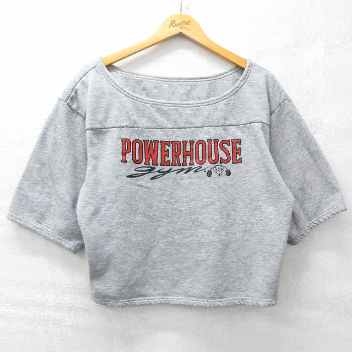 XL★古着 半袖 スウェット メンズ 90年代 90s POWER HOUSE ジム ショート丈 クルーネック USA製 グレー 26feb07
