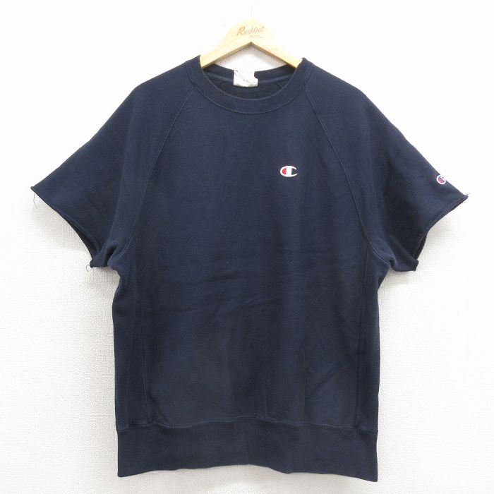 XL★古着 チャンピオン champion リバースウィーブ 半袖 スウェット メンズ ワンポイントロゴ ラグラン クルーネック 紺 26mar21