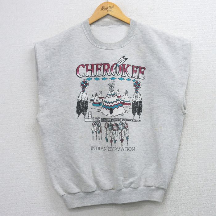 L★古着 ノースリーブ スウェット メンズ CHEROKEE インディアン 薄グレー 霜降り 26apr27