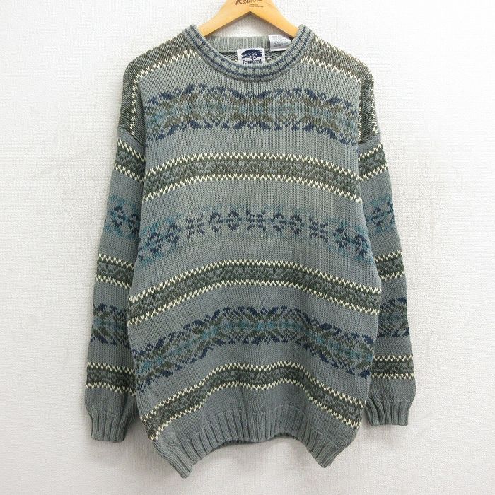 【50%OFF】M★古着 長袖 セーター メンズ 00年代 00s 雪柄 コットン クルーネック 薄緑系他 グリーン 23nov21 中古 ニット トップス