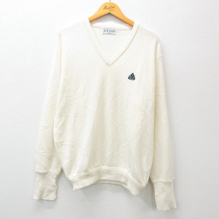 【50%OFF】M★古着 IZOD 長袖 セーター メンズ 90年代 90s ワンポイントロゴ アクリル Vネック USA製 生成り 23dec11 中古 ニット トップス