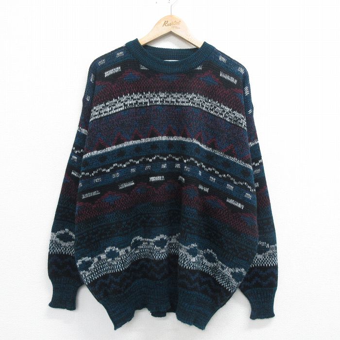 【50%OFF】XL★古着 長袖 セーター メンズ 90年代 90s ラグ柄 大きいサイズ アクリル クルーネック 黒他 ブラック 24jan05 中古 ニット トップス
