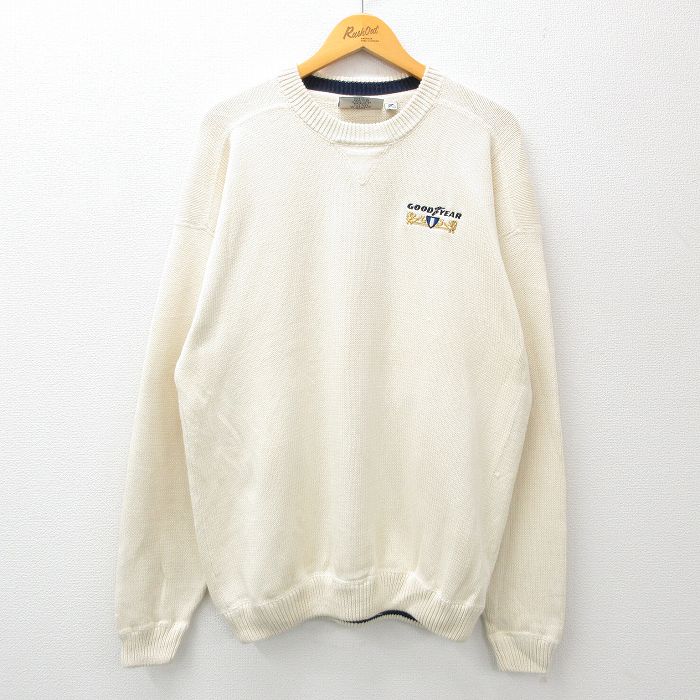 XL★古着 長袖 セーター メンズ 90年代 90s GOODYEAR 刺繍 コットン クルーネック 生成り 24jan09 中古 ニット トップス