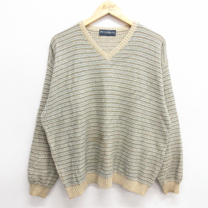 XL★古着 長袖 セーター メンズ 80年代 80s Vネック イタリア製 ベージュ他 カーキ 24jan10 中古 ニット トップス