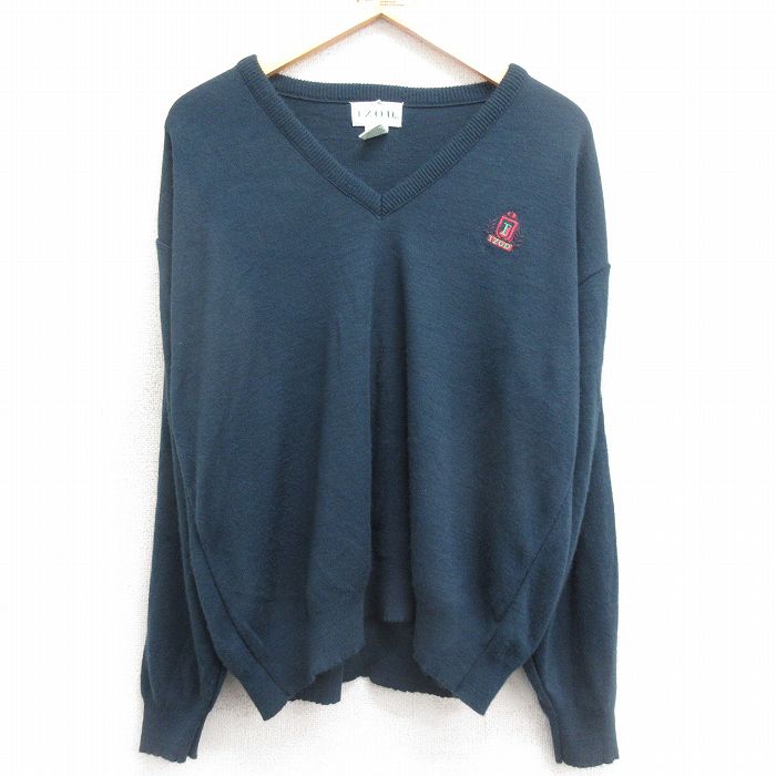 L★古着 IZOD 長袖 セーター メンズ 90年代 90s ワンポイントロゴ アクリル Vネック 紺 ネイビー 24jan18 中古 ニット トップス