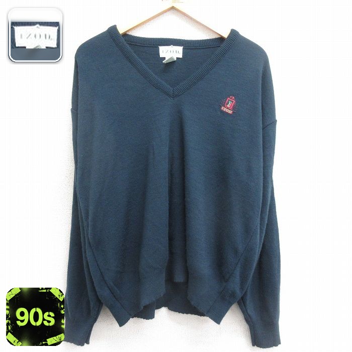 L★古着 IZOD 長袖 セーター メンズ 90年代 90s ワンポイントロゴ アクリル Vネック 紺 ネイビー 24jan18 中古 ニット トップス