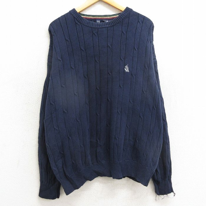XL★古着 ノーティカ NAUTICA 長袖 ブランド ケーブル セーター メンズ 90年代 90s ワンポイントロゴ 大きいサイズ ウール クルーネック 紺 ネイビー 24jan23 中古 ニット トップス