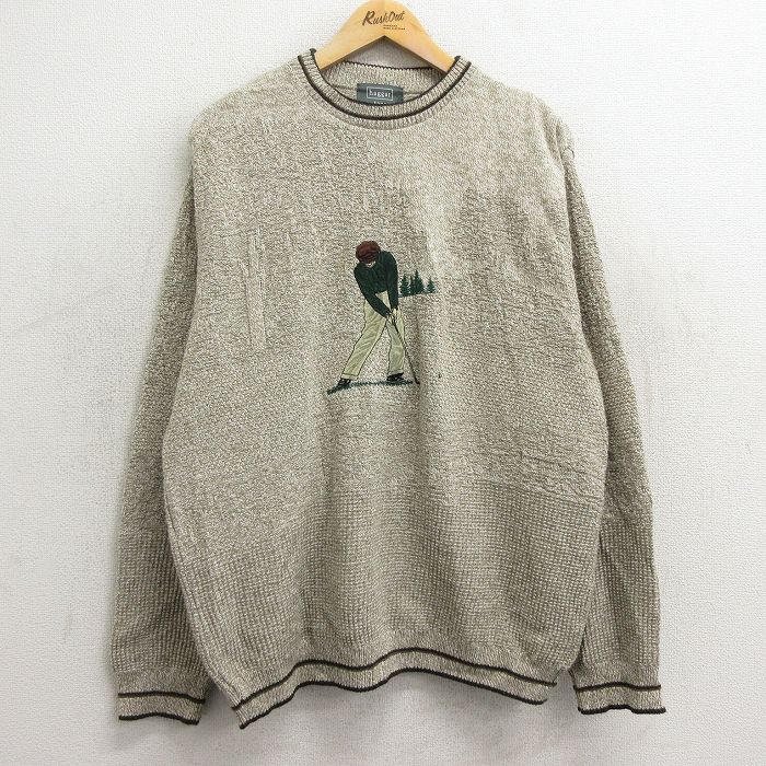 XL★古着 長袖 セーター メンズ 90年代 90s ゴルフ 刺繍 クルーネック USA製 ベージュ他 カーキ 24apr22 中古 ニット トップス