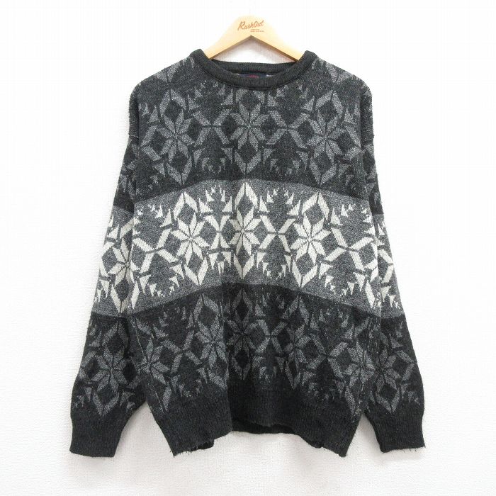 XL★古着 長袖 ノルディック セーター メンズ 90年代 90s 雪柄 大きいサイズ アクリル クルーネック USA製 濃グレー他 24sep18 中古 ニット トップス