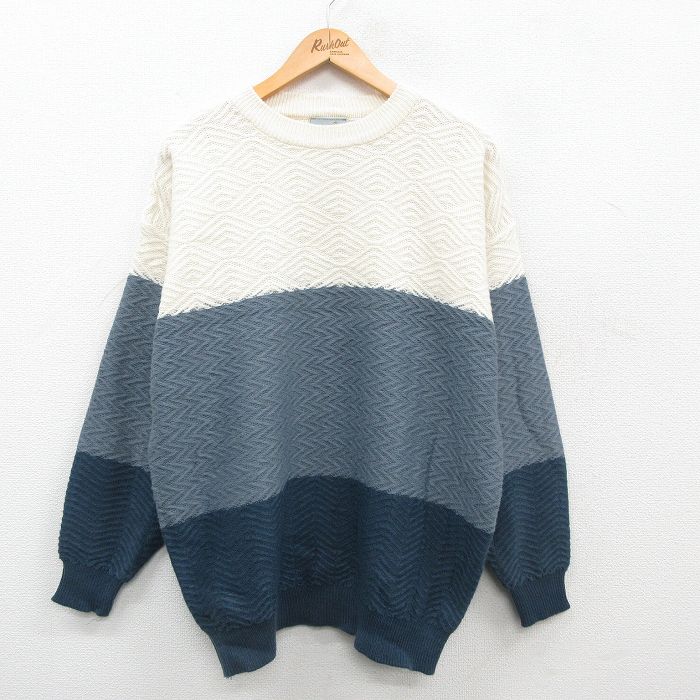 【50%OFF】XL★古着 長袖 セーター メンズ 00年代 00s 無地 マルチカラー アクリル クルーネック 紺他 ネイビー 【spe】 24sep19 中古 ニット トップス
