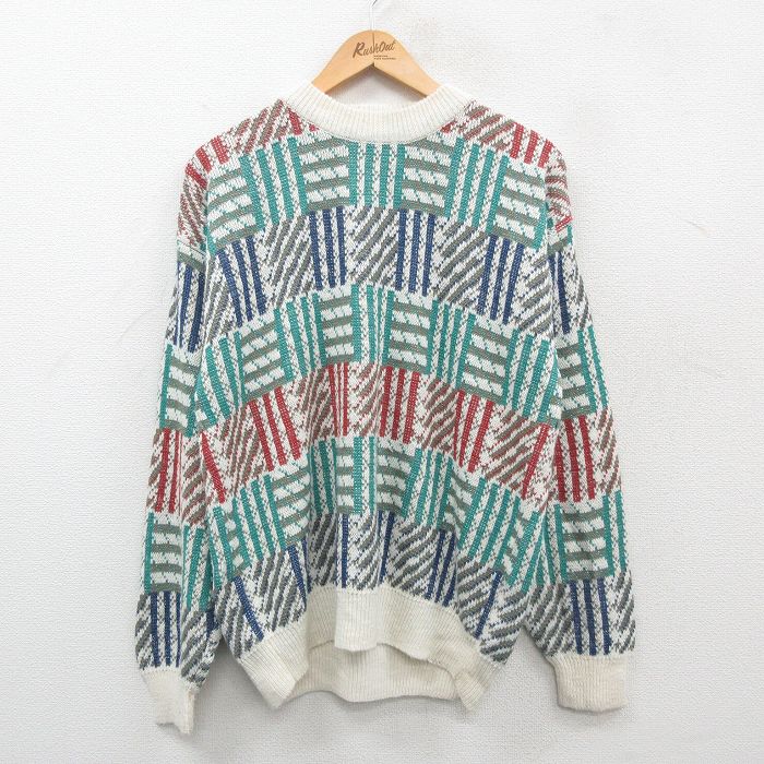 XL★古着 長袖 セーター メンズ 80年代 80s アクリル クルーネック 白他 ホワイト 24sep19 中古 ニット トップス