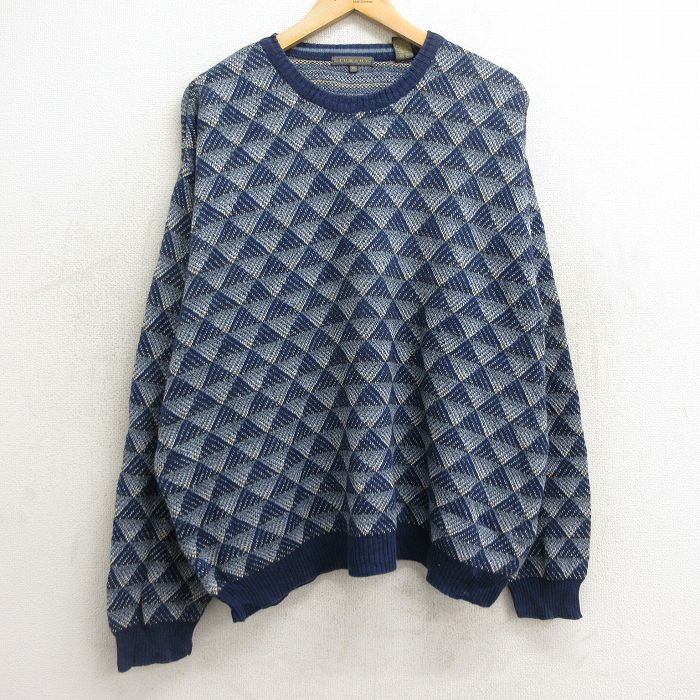 XL★古着 長袖 セーター メンズ 90年代 90s 大きいサイズ コットン クルーネック 紺他 ネイビー 24sep20 中古 ニット トップス