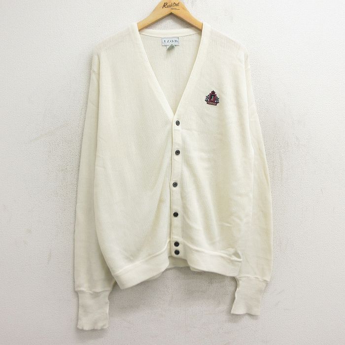 【50%OFF】XL★古着 IZOD 長袖 ニット カーディガン メンズ 90年代 90s ワンポイントロゴ 大きいサイズ アクリル 白 ホワイト 24sep20 中古 トップス