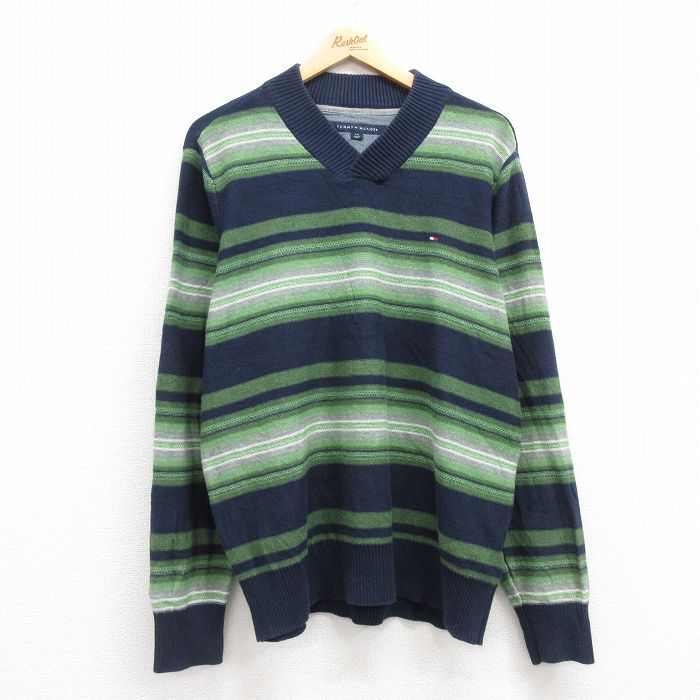 L★古着 トミーヒルフィガー TOMMY HILFIGER 長袖 ブランド セーター メンズ ワンポイントロゴ コットン Vネック 紺他 ネイビー 24sep21 中古 ニット トップス