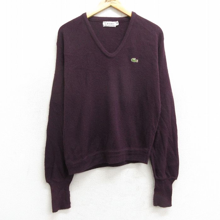 M★古着 ラコステ LACOSTE IZOD 長袖 ブランド セーター メンズ 80年代 80s ワンポイントロゴ アクリル Vネック エンジ 24sep21 中古 ニット トップス
