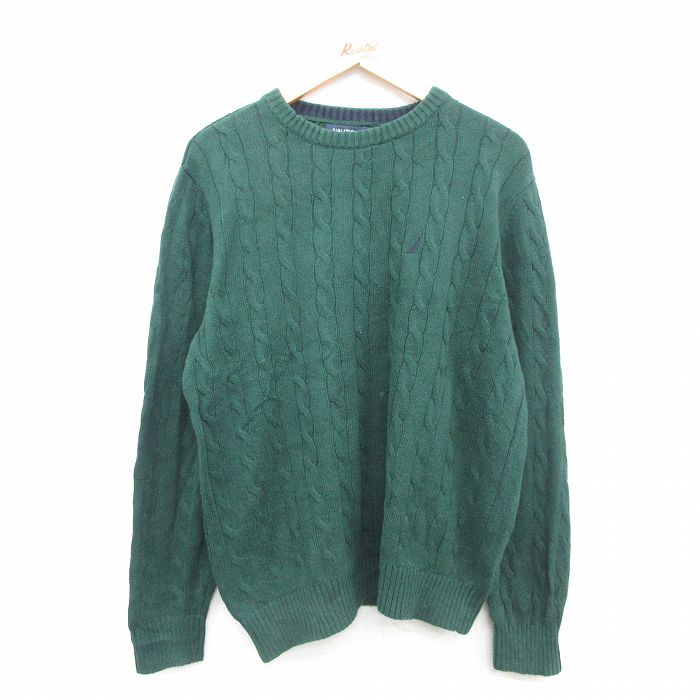 XL★古着 ノーティカ NAUTICA 長袖 ブランド ケーブル セーター メンズ ワンポイントロゴ 大きいサイズ コットン クルーネック 緑 グリーン 24sep25 中古 ニット トップス