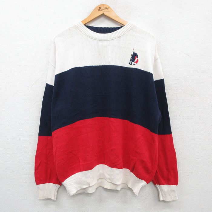 XL★古着 長袖 セーター メンズ 90年代 90s ヨット マルチカラー 大きいサイズ コットン クルーネック USA製 白他 ホワイト 24sep25 中古 ニット トップス