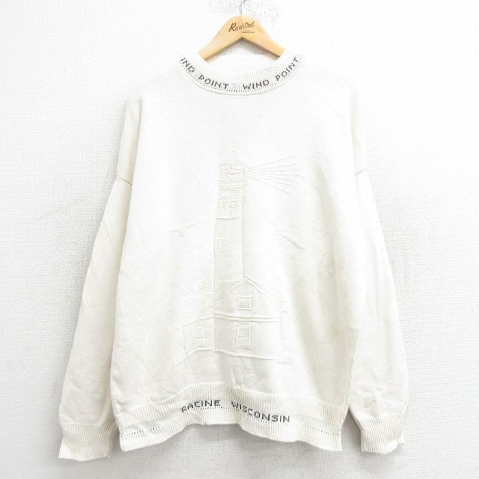 【50%OFF】XL★古着 長袖 セーター メンズ 灯台 大きいサイズ クルーネック 生成り 24sep25 中古 ニット トップス