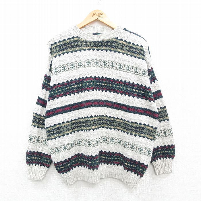 L★古着 長袖 セーター メンズ 90年代 90s フェアアイル クルーネック USA製 緑他 グリーン 24sep25 中古 ニット トップス