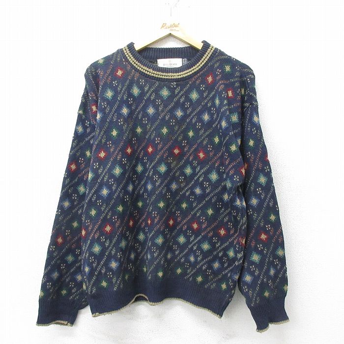 L★古着 長袖 セーター メンズ 90年代 90s 総柄 手織り クルーネック USA製 紺 ネイビー 24sep25 中古 ニット トップス