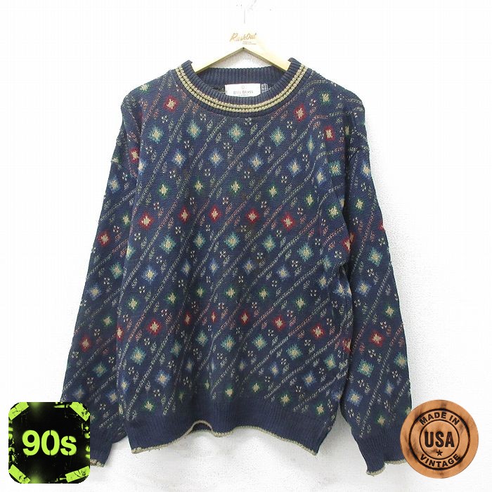 【50%OFF】90s 長袖セーター 総柄 ネイビー メンズL相当 | 古着