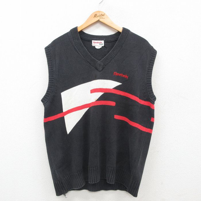 【50%OFF】L★古着 リーボック REEBOK ゴルフ ニット ベスト メンズ 90年代 90s ワンポイントロゴ コットン Vネック 黒他 ブラック 【spe】 24sep26 中古 トップス