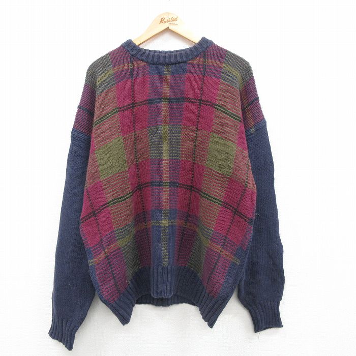 【50%OFF】XL★古着 長袖 セーター メンズ 90年代 90s 大きいサイズ クルーネック 紺他 ネイビー 24sep26 中古 ニット トップス